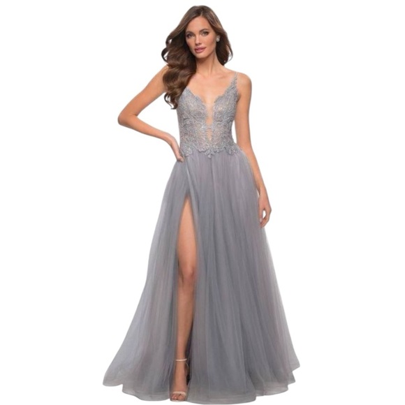 La Femme Tulle A Line Gown with Lace Rhinestone Bodice Prom Gown Sz 6 - Picture 5 of 16